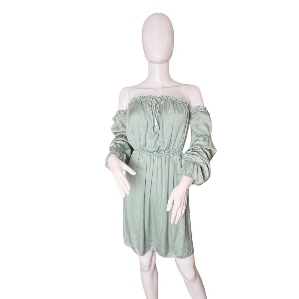 K Jordan Dress XL Sage Green Chic Ruffle Boho Bardot Satin Look Fairycore Dress